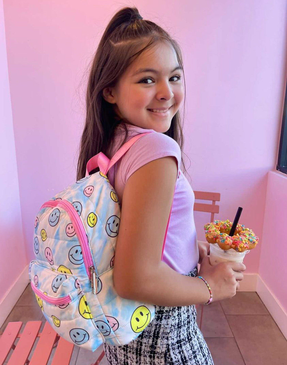 Pink Tie Dye Happy Face Puffer Mini Backpack