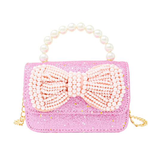 Glitter Pearl Handle Bow Handbag: Pink