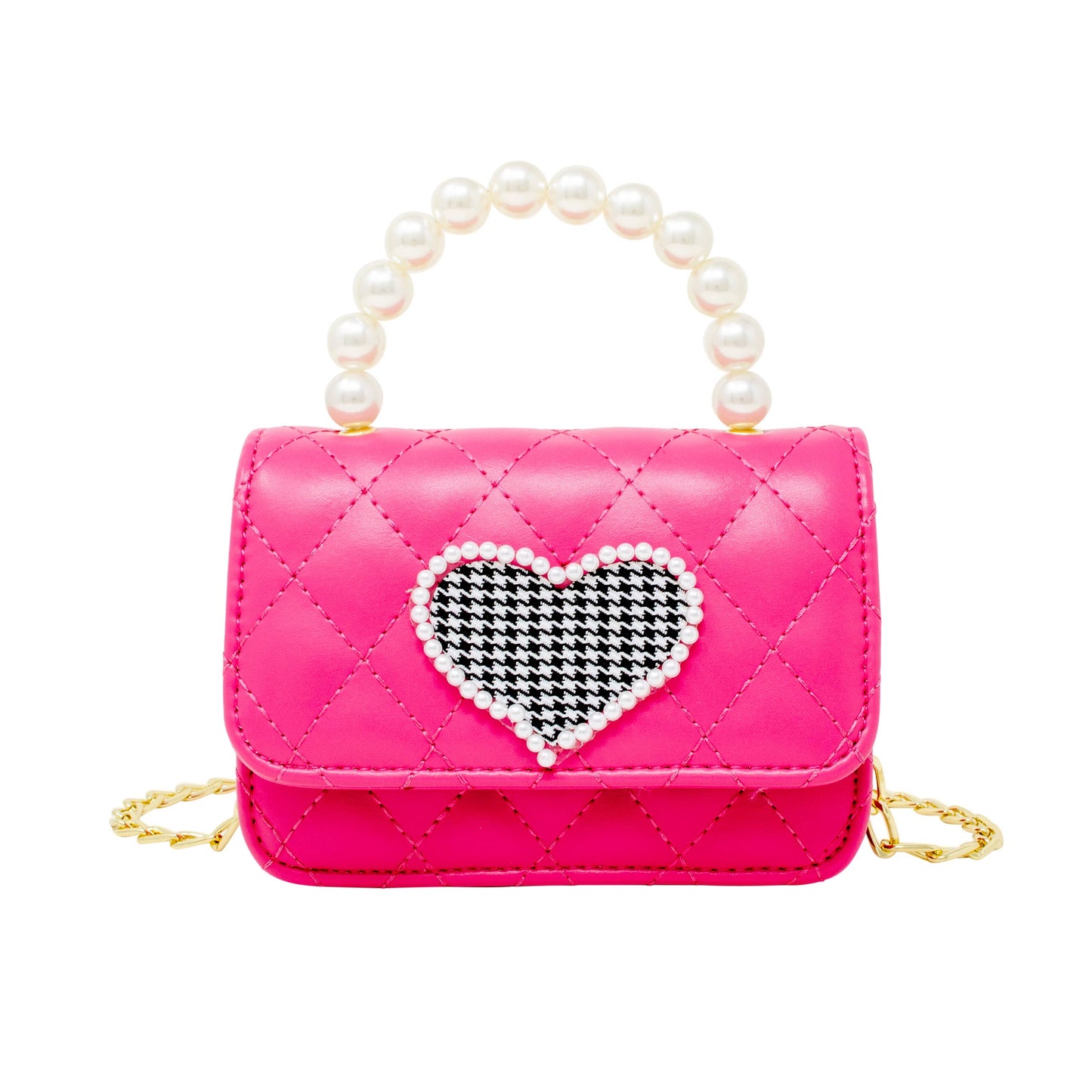 Quilted Pearl Handle Heart Bag - Hot Pink