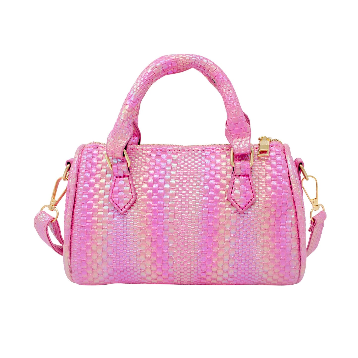 Rainbow Woven Duffle Handbag - Hot Pink