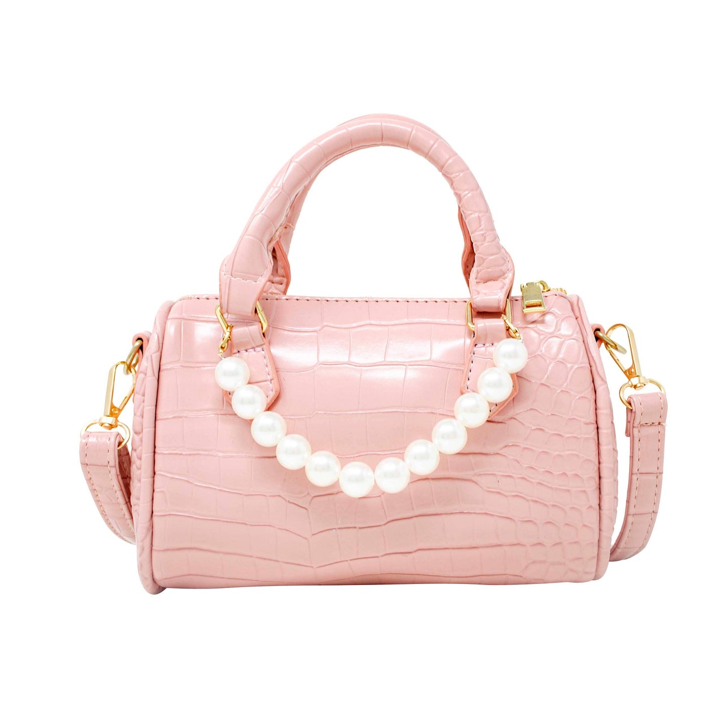 Crocodile Pearl Duffle Handbag- Pink